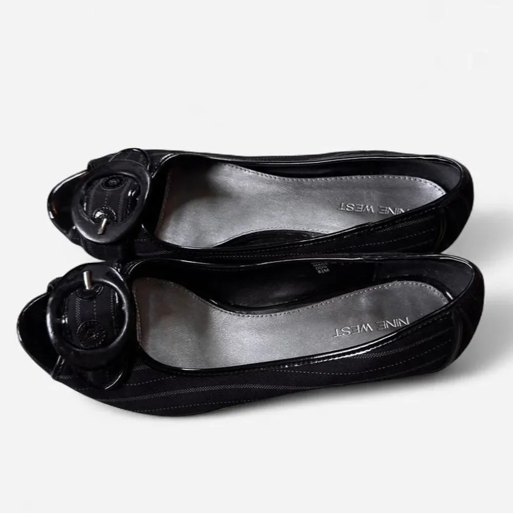 Nine West Black leather peep toe kitten heels buckle size 8.5